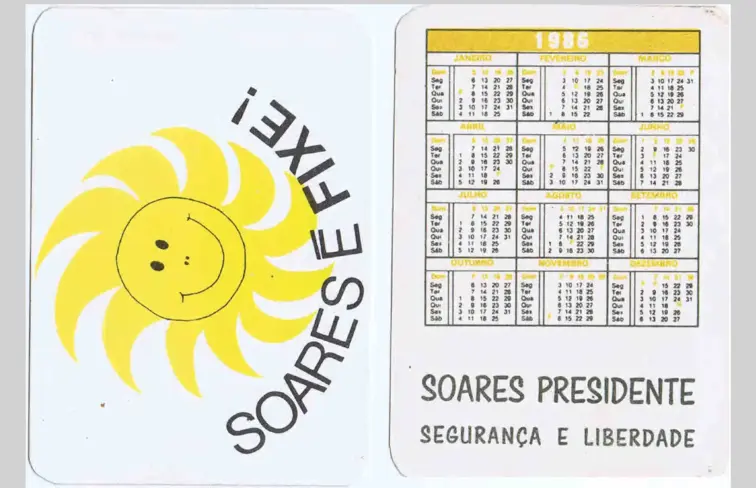Calendário de campanha de Mário Soares, onde se lê "Soares é Fixe"